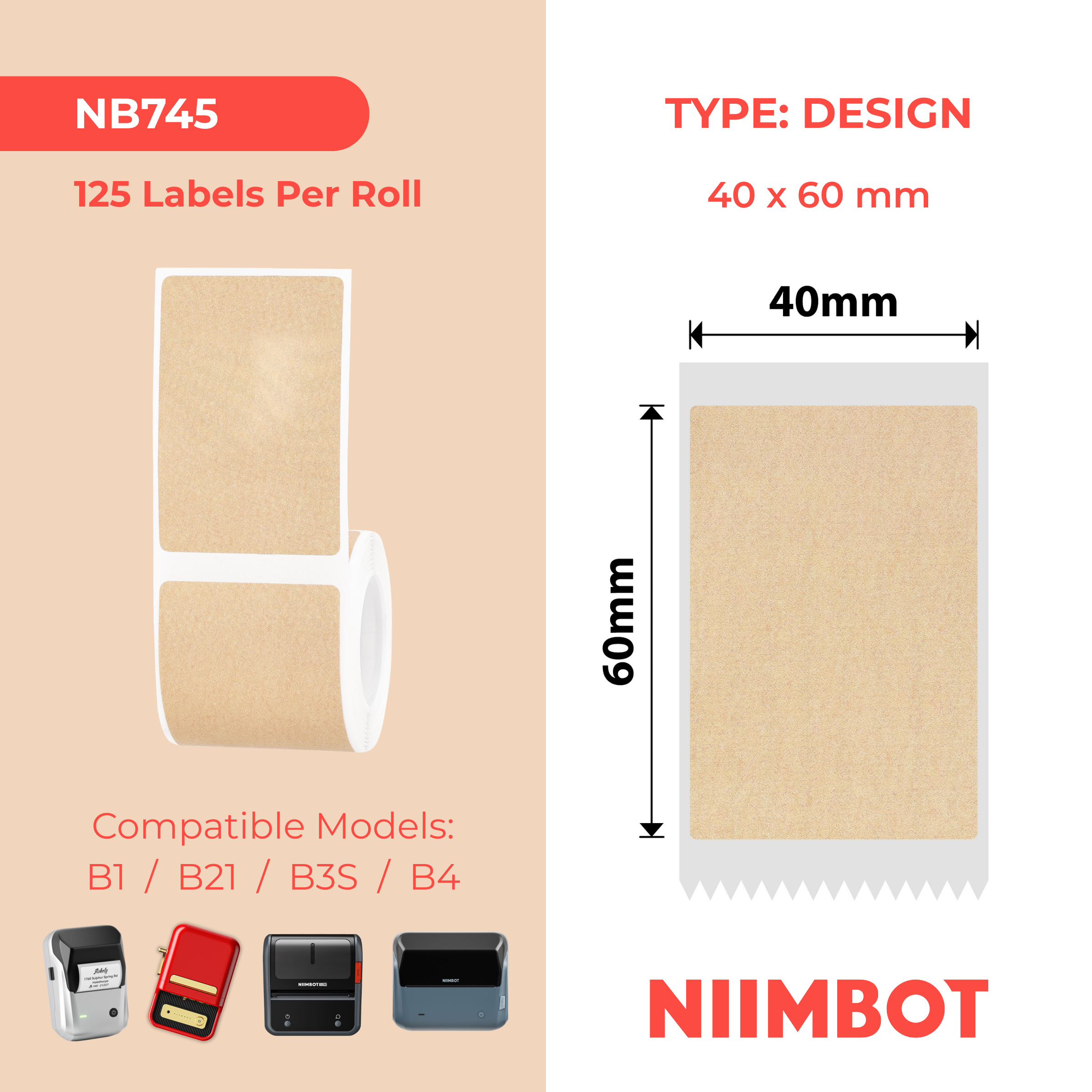 NB745 - NIIMBOT - B1 / B21 / B3S / B4 - 40X60MM - 125 KRAFT LABELS