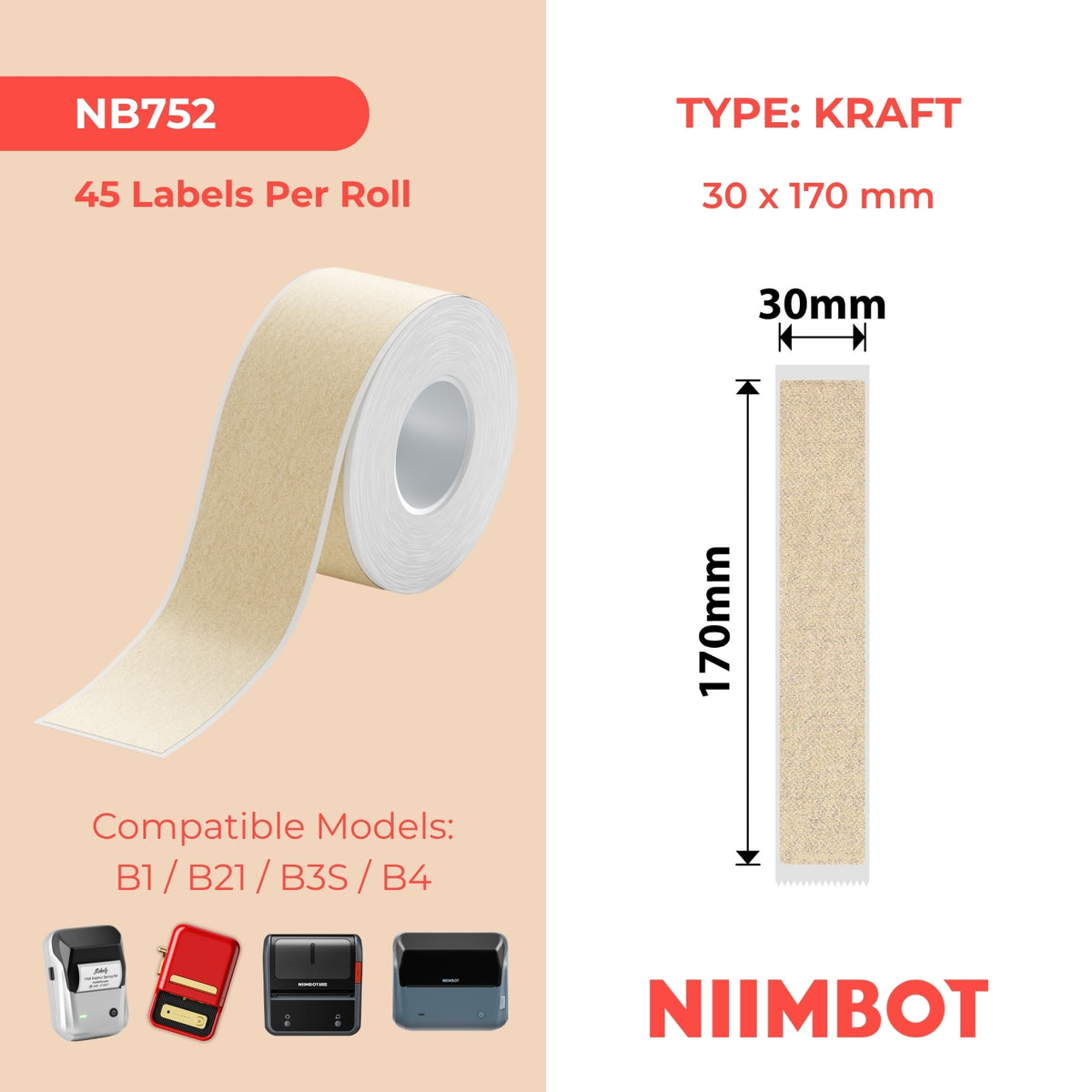 NIIMBOT - Serie B - 30x170mm - Cartella in carta kraft - 45 etichette