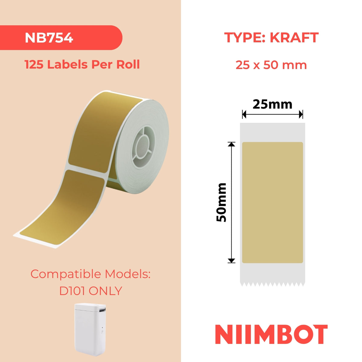 NIIMBOT - Solo D101 - 25x50mm - Carta Kraft - 125 Etichette