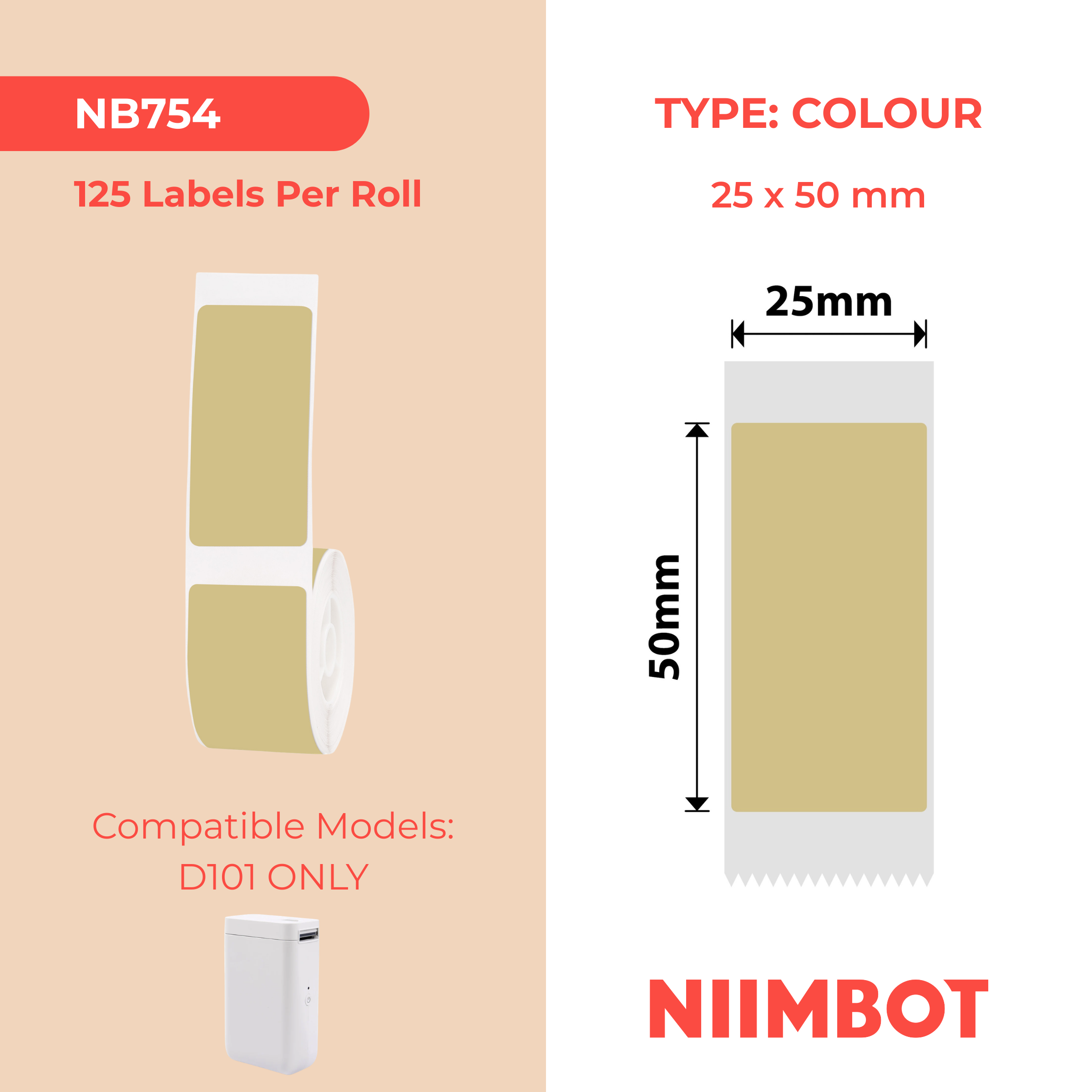 NB754 - NIIMBOT - D101 ONLY - 25X50MM - 125 KRAFT LABELS