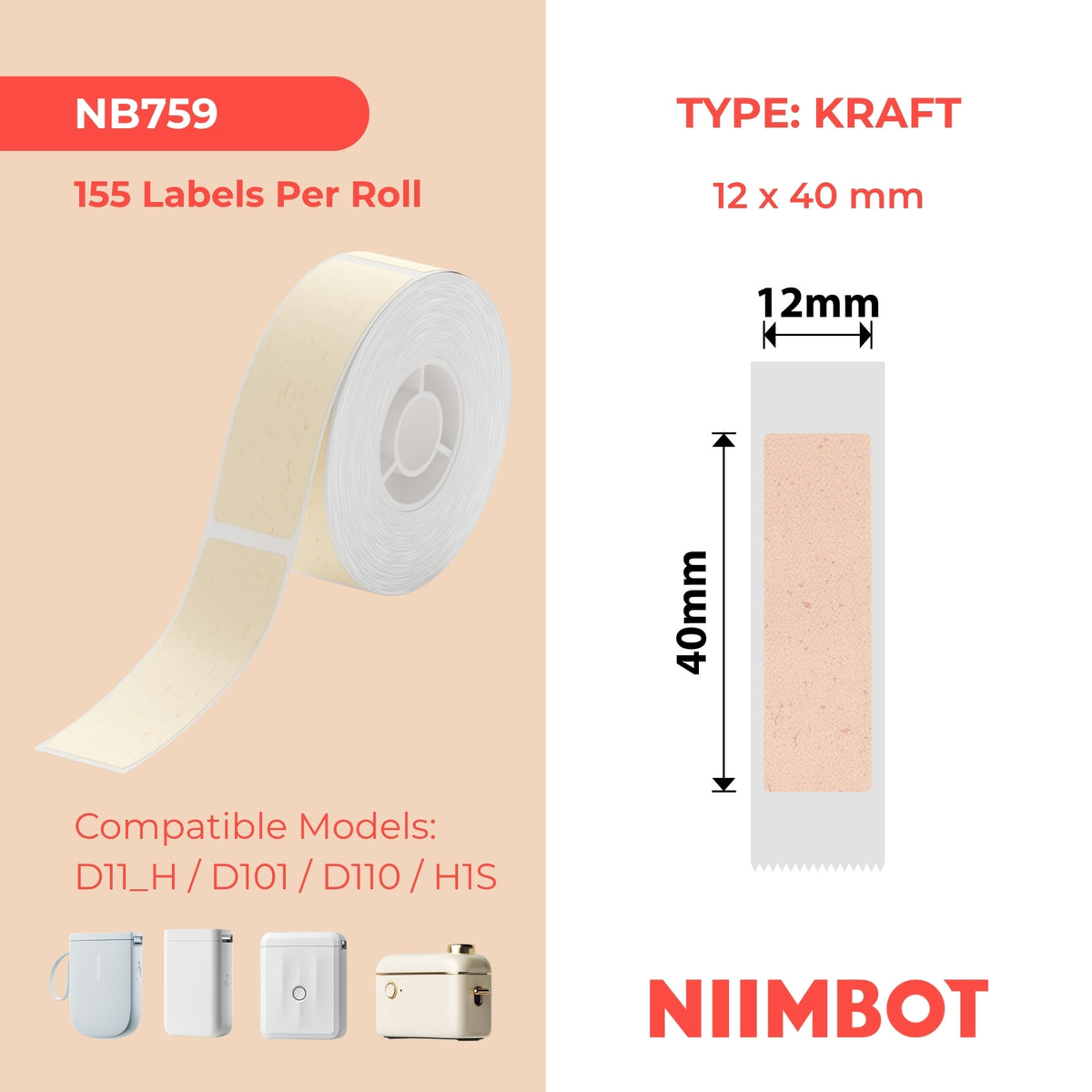 NIIMBOT-Gamme D-12 x 40 mm-Kraft-155 étiquettes