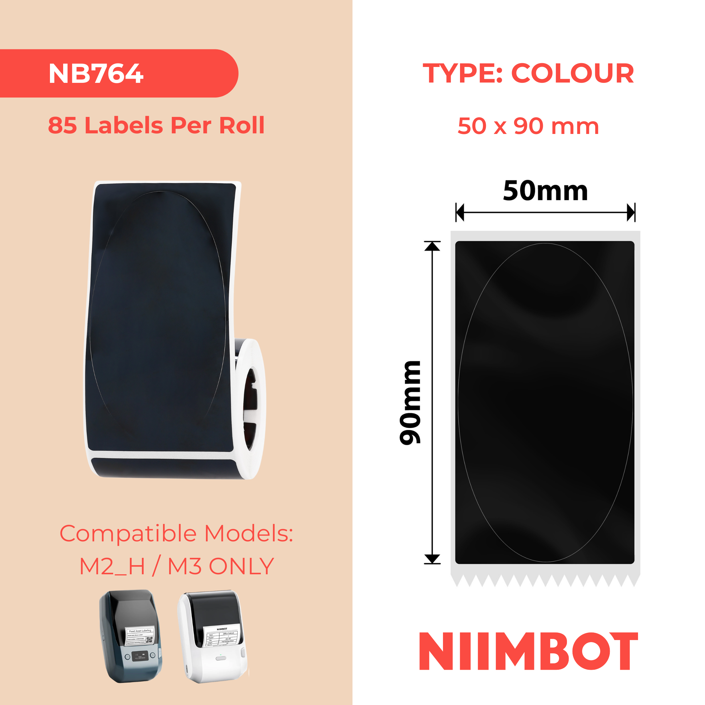 NB764 - NIIMBOT - M2 / M3 - 50X90MM - 85 GLOSSY BLACK OVAL LABELS