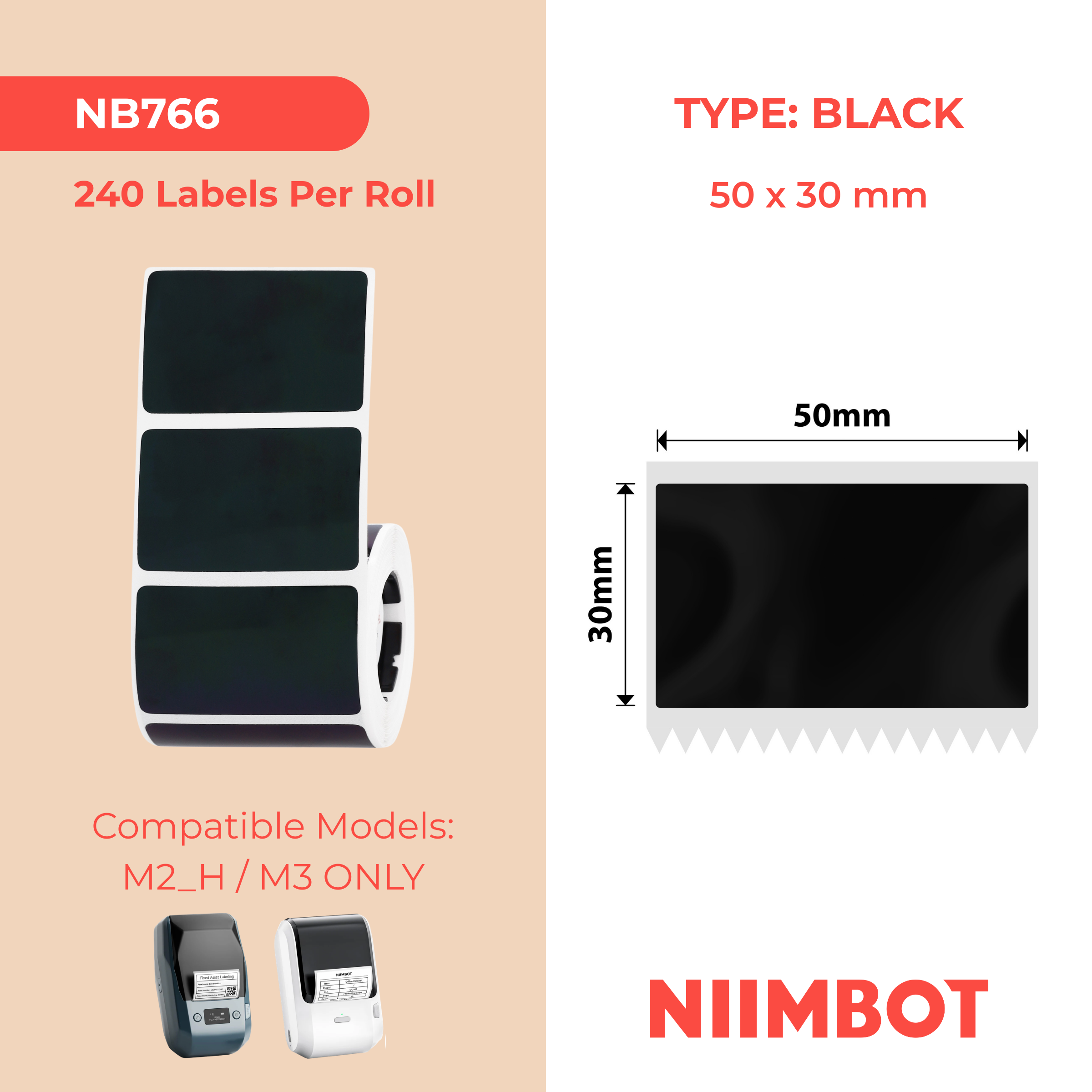 NB766 - NIIMBOT - M2 / M3 - 50X30MM - 240 BRIGHT BLACK LABELS