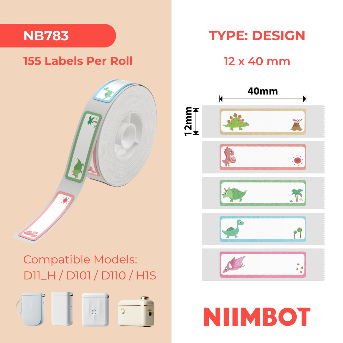 NIIMBOT - D Range - 12x40mm - Dinosaur Pattern - 155 Labels