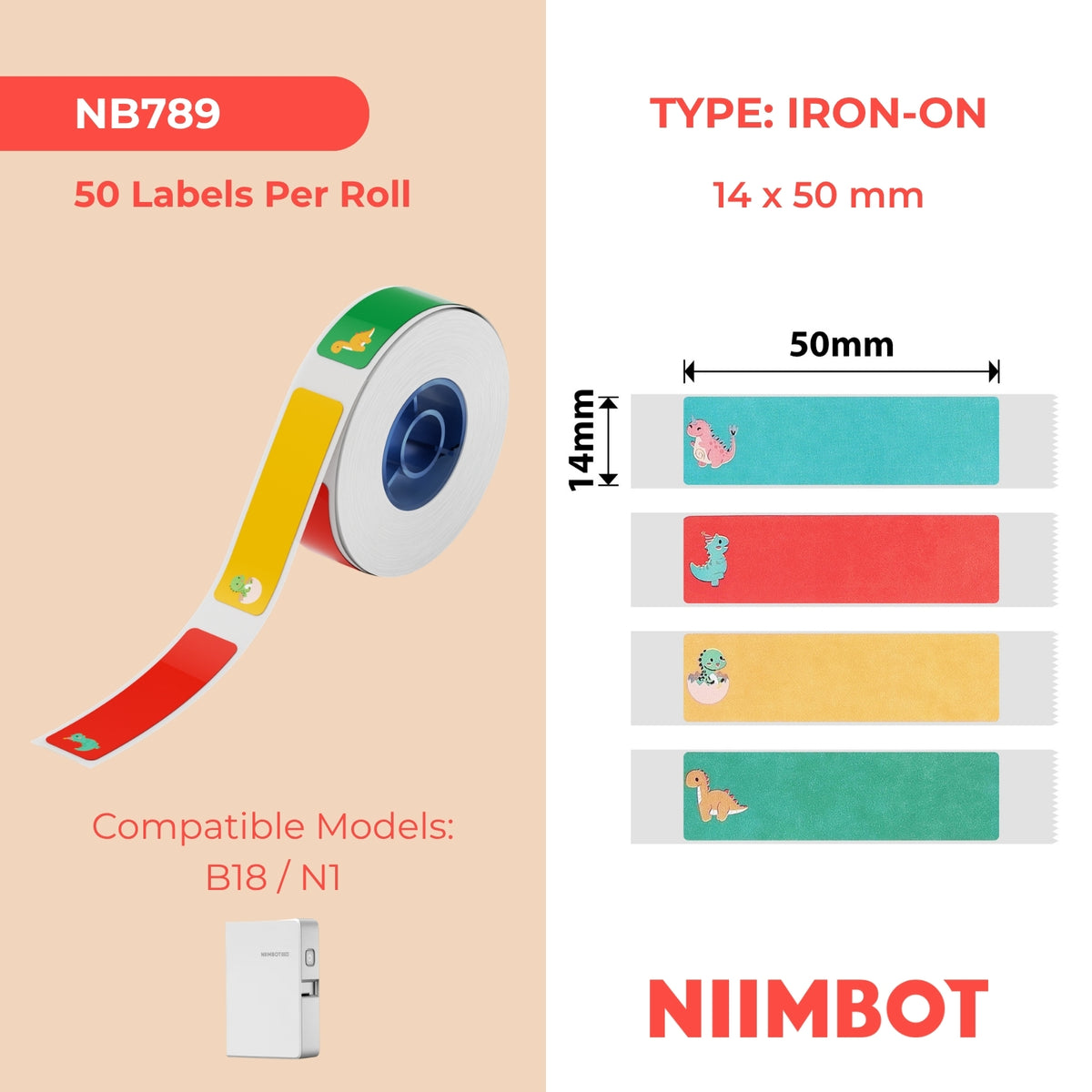 NIIMBOT - N1 - 14x50mm - Iron On Dino Land Patterns - 50 Labels