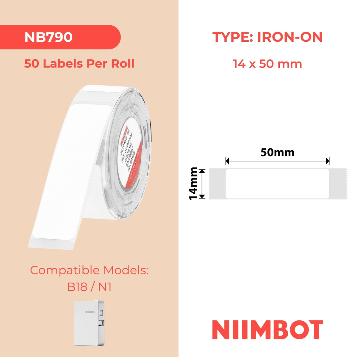 NIIMBOT - N1 - 14x50mm - White Iron On - 50 Labels