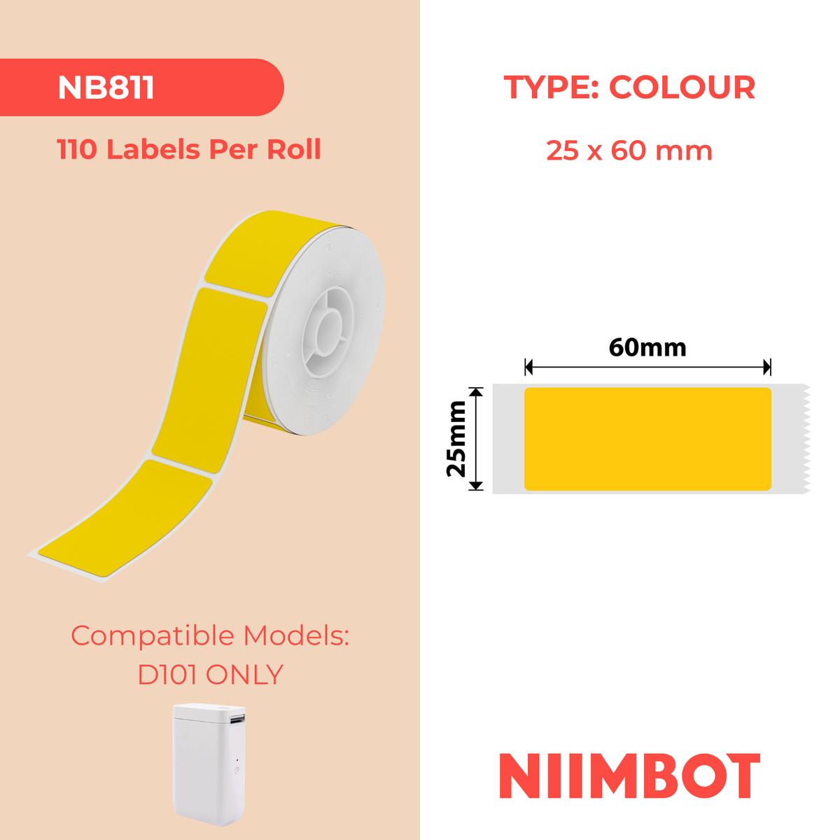 NIIMBOT-D101 uniquement-25 x 60 mm-Jaune-110 étiquettes
