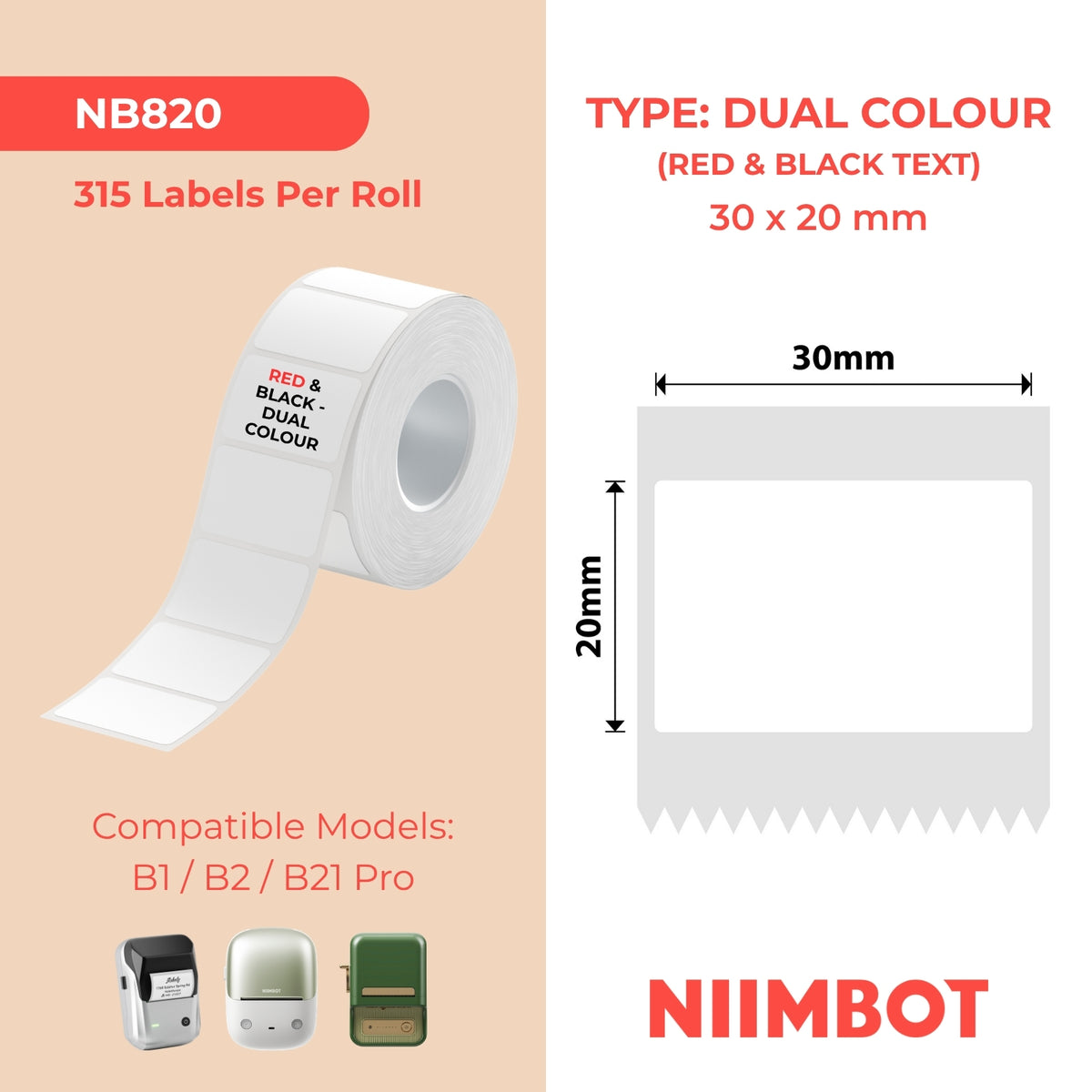 NIIMBOT - B Pro Range - 30x20mm - White - Dual Colour - Red & Black Text - 315 Labels