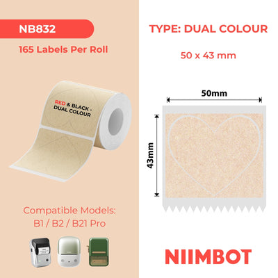 NIIMBOT - B Pro Range - 50x43mm - Kraft Heart Shape - Dual Colour - Red & Black Text - 165 Labels