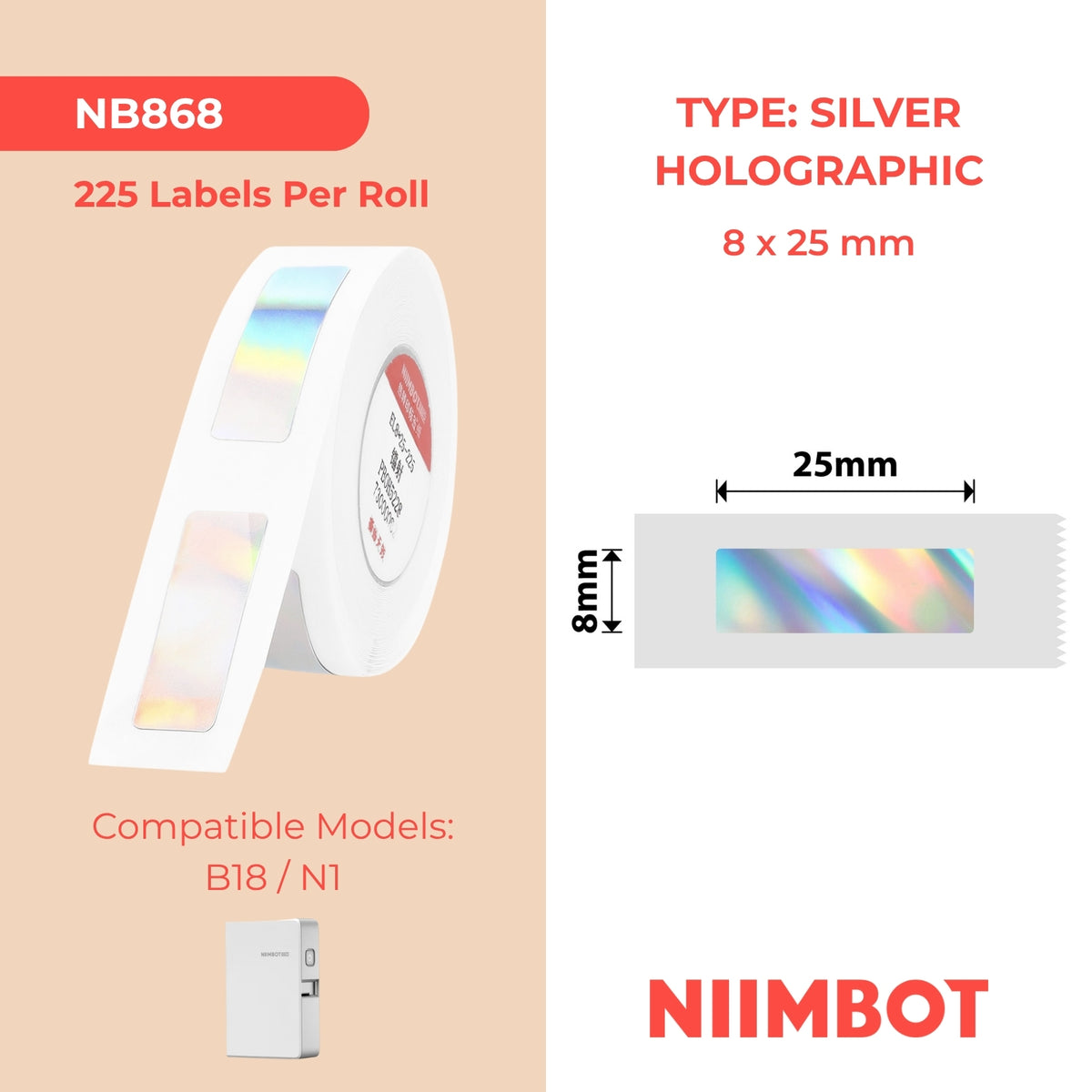NIIMBOT - N1 - 8x25mm - Olografico laser argento - 225 etichette