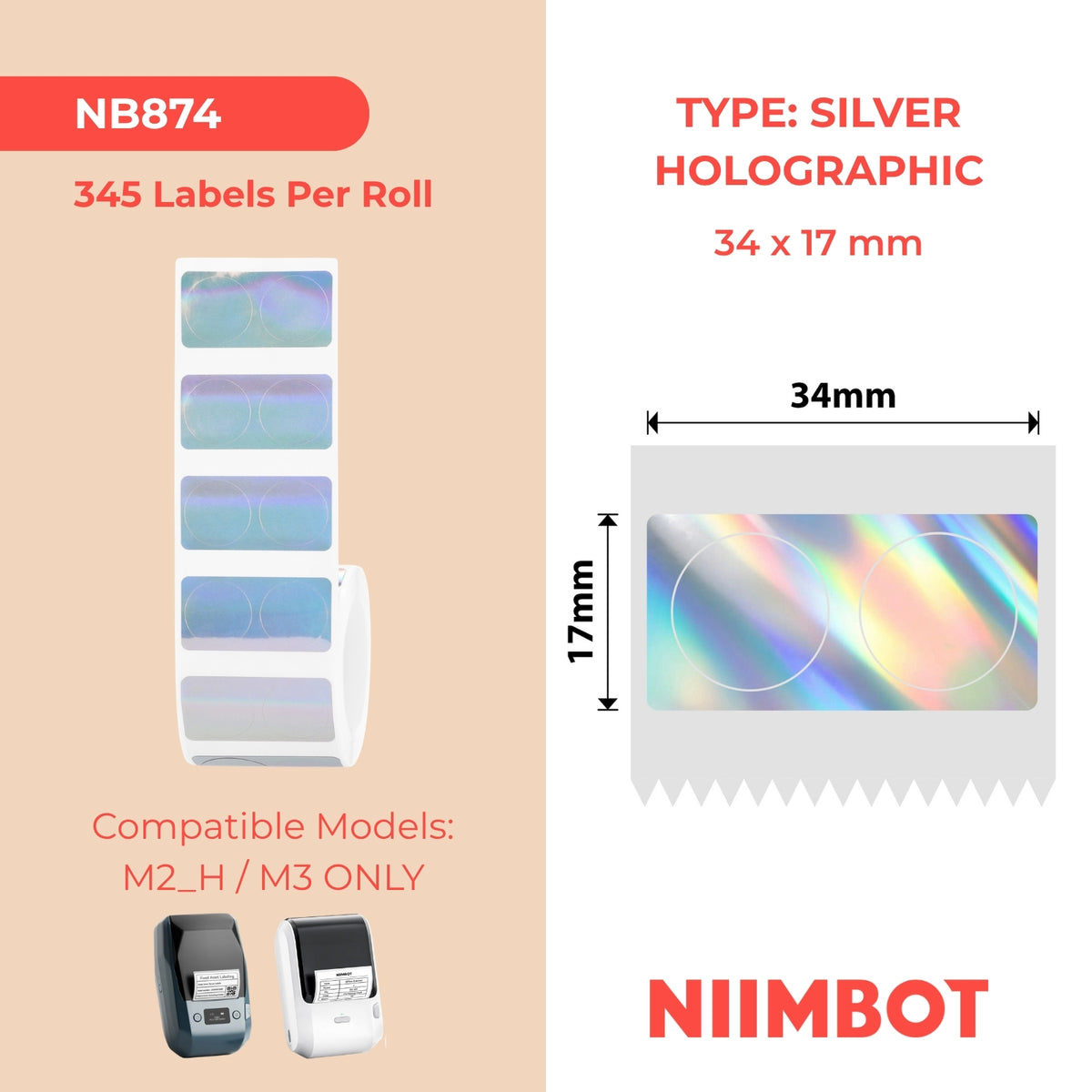 NIIMBOT-M Gamme-34 x 17 mm-Étiquettes holographiques laser argentées à double rangée-345 étiquettes