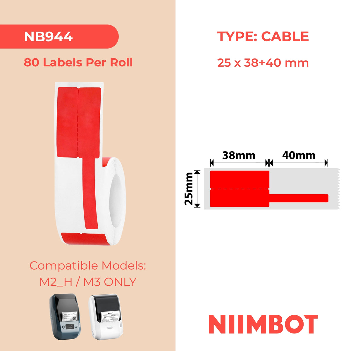 NIIMBOT -M Gamme-25 x 38 + 40 mm-Câble rouge-80 étiquettes