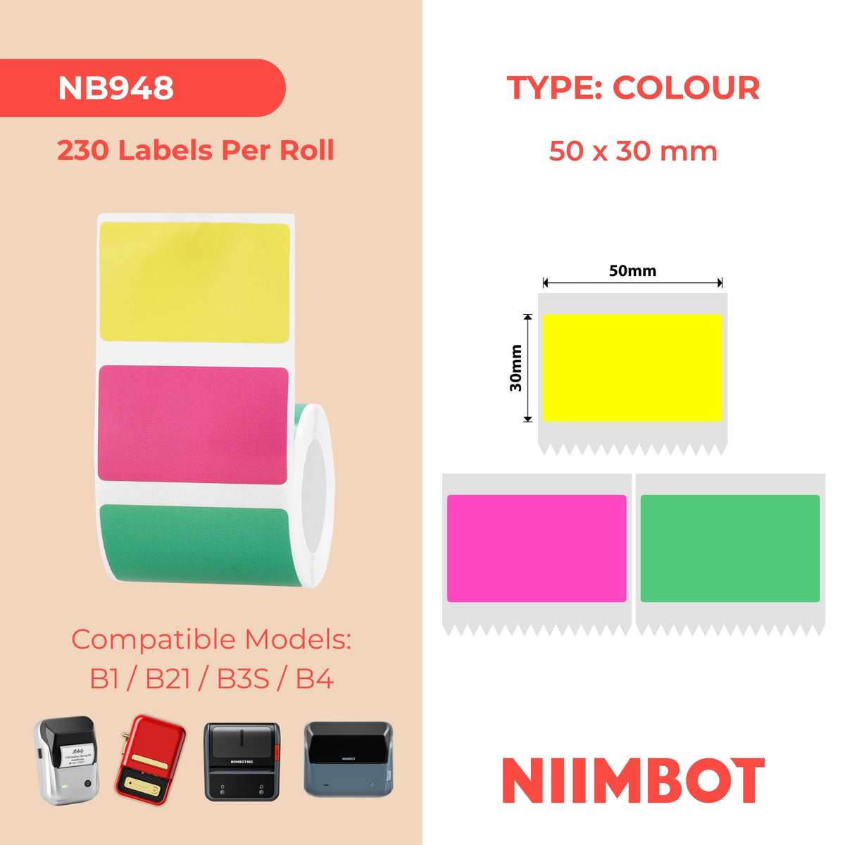 NIIMBOT-Gamme B-50 x 30 mm-Couleurs néon-230 étiquettes