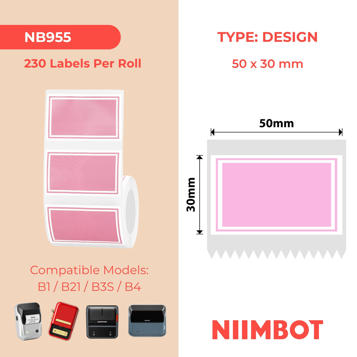 NIIMBOT - Serie B - 50x30mm - Bordo rosa - 230 etichette