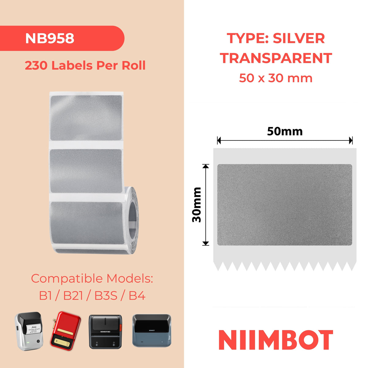 NIIMBOT - Serie B - 50x30mm - Argento glitterato trasparente - 230 etichette
