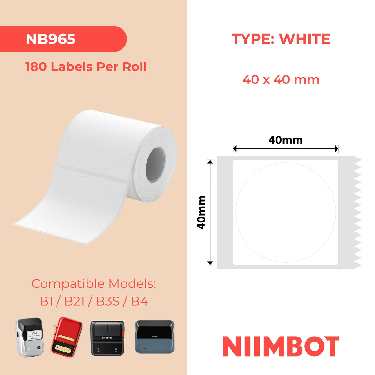 NIIMBOT-Gamme B-40x40mm-Rondes blanches-180 étiquettes