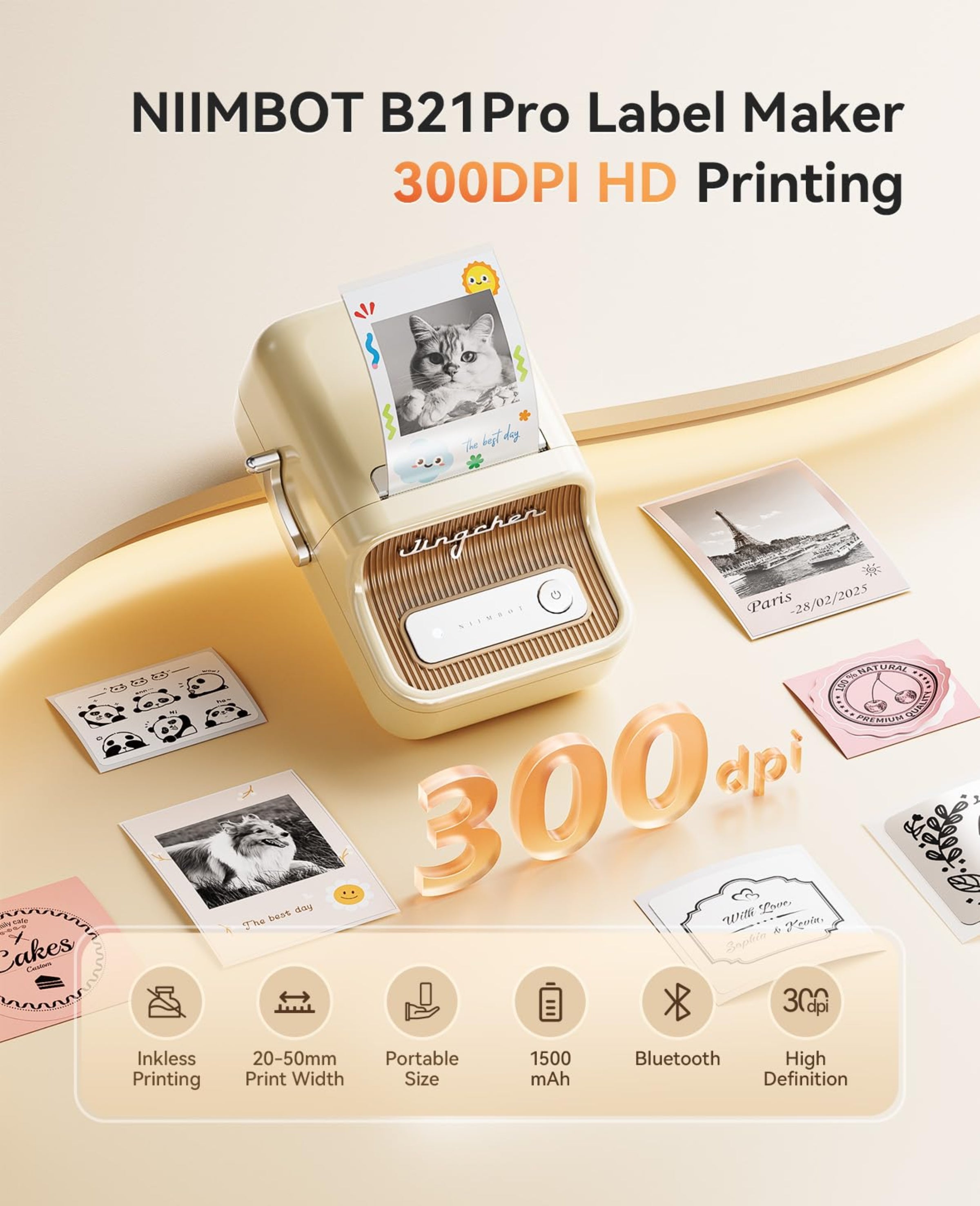 NB607 - NIIMBOT - B21_PRO - 300DPI - PORTABLE THERMAL LABEL BLUETOOTH PRINTER INCL FREE LABEL ROLL (50X30MM)