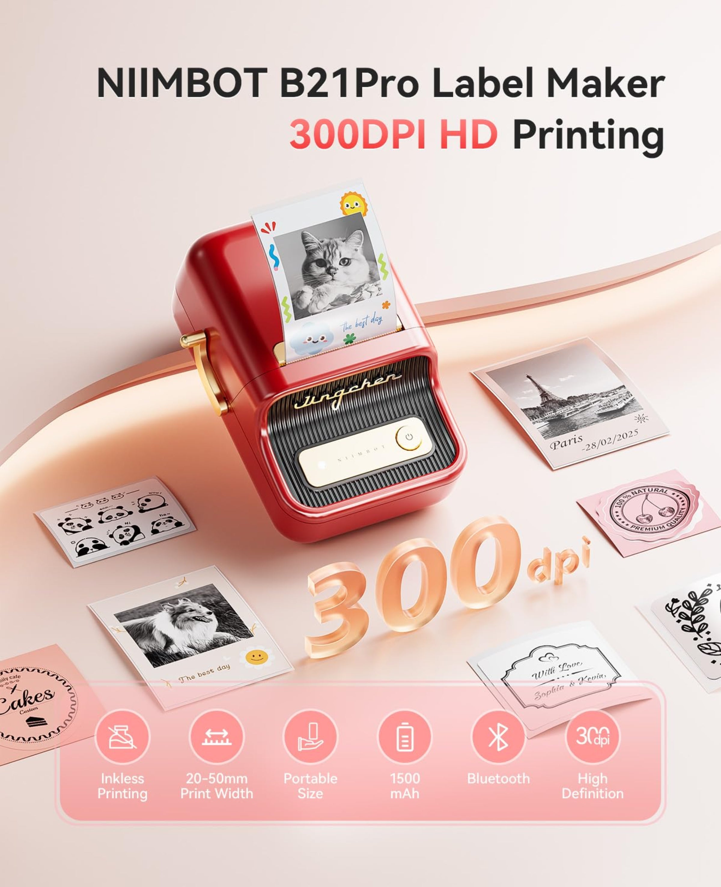 NB607 - NIIMBOT - B21_PRO - 300DPI - PORTABLE THERMAL LABEL BLUETOOTH PRINTER INCL FREE LABEL ROLL (50X30MM)