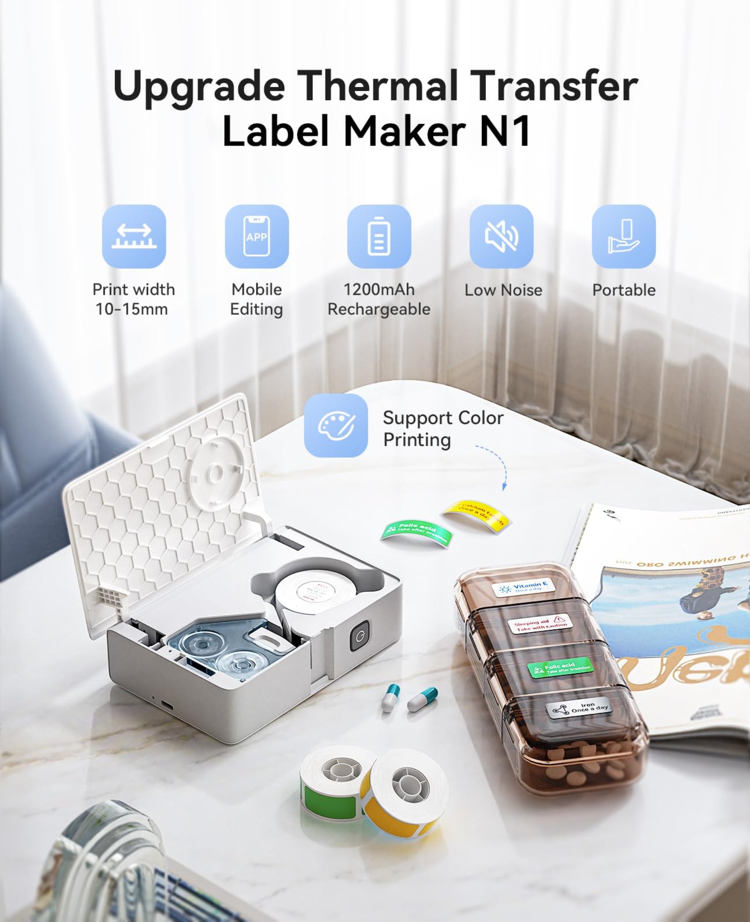 NB623 - NIIMBOT - N1 - BLUETOOTH THERMAL TRANSFER LABEL PRINTER INCL FREE WHITE LABEL & BLACK CARTRIDGE (14X50MM)