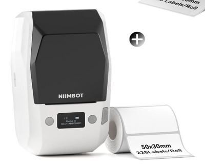 NB589 - NIIMBOT - M2_H - 300DPI THERMAL TRANSFER BLUETOOTH LABEL PRINTER - INCL BLACK RIBBON CARTRIDGE & WHITE 50X30MM LABEL - WHITE